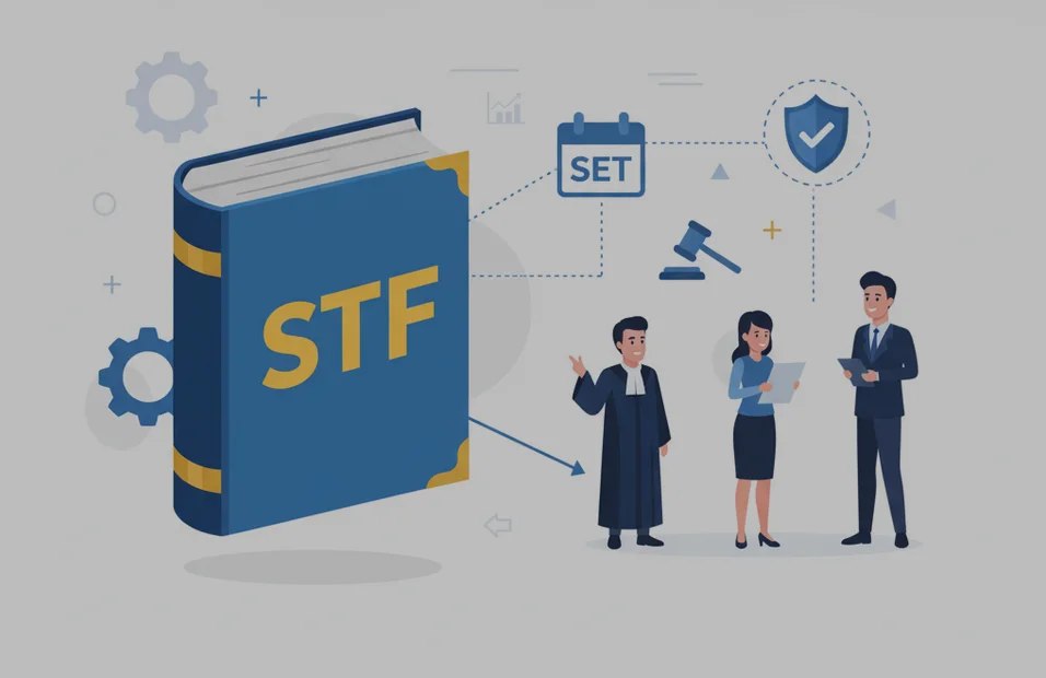 Um caderno azul com o texto stf ao lado de desenhos de juizes